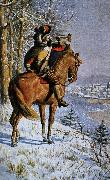 alexis de tocqueville a mounted bugler blowing a large bell instrument. Sweden oil painting artist